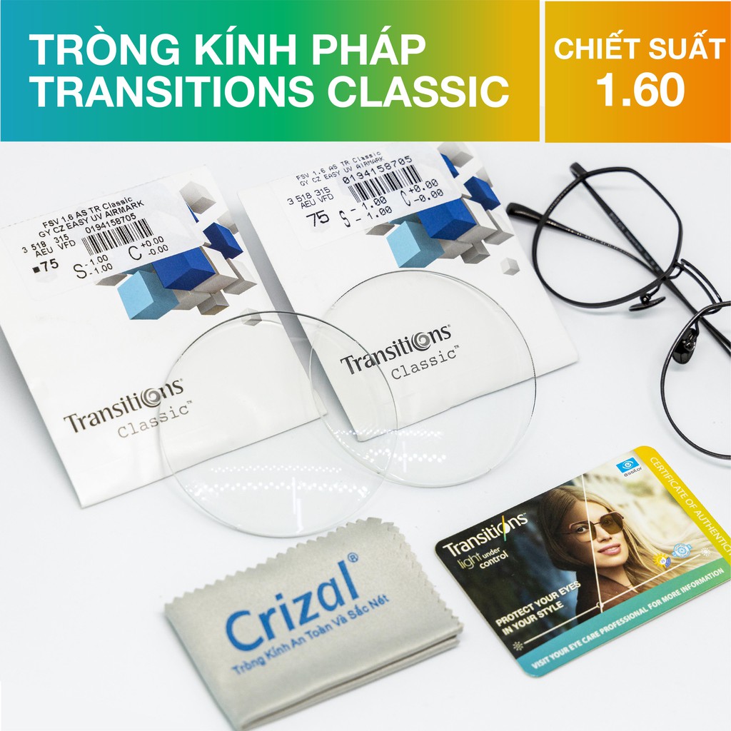 Tròng kính đổi màu khi ra nắng lọc ánh sáng xanh Essilor Transition Classic