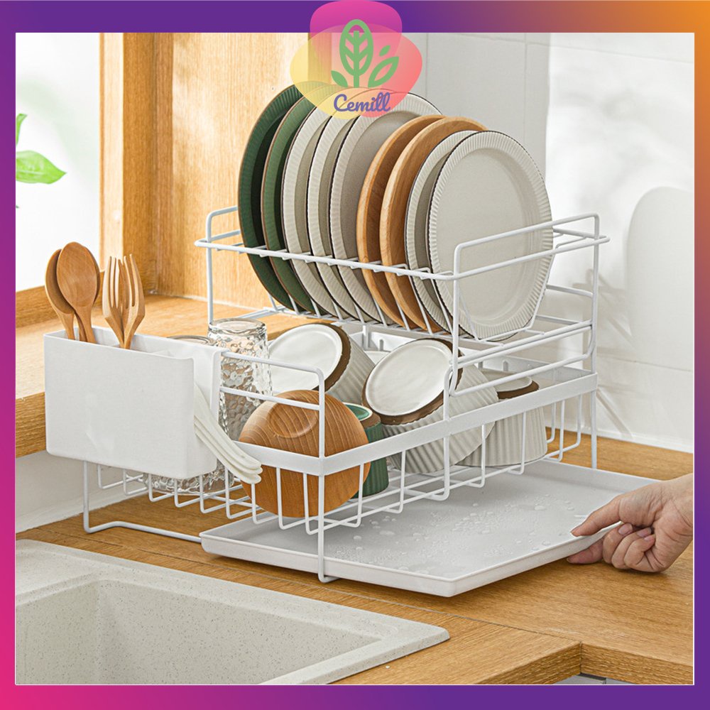 Kệ Úp Chén Bát Đĩa 2 Tầng - Giá Úp Bát Đĩa Mini Nhỏ Gọn - Kèm Khay Hứng Nước & Ống Đựng Đũa - Chính Hãng Cemill