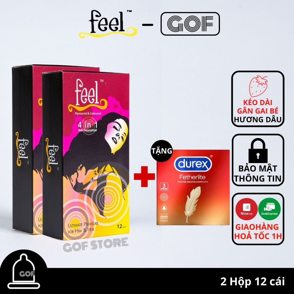 Bộ 2 Bao cao su kéo dài thời gian Feel 4in1 mùi hương dâu có gai gân chống tuột Hộp 12C Tặng Bcs mỏng Durex hộp 3C- GoF