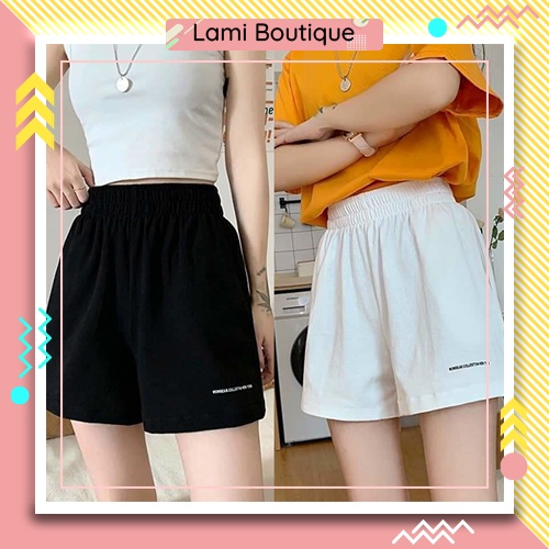 Quần Short Nữ Ống Rộng Thể Thao Sooc Đũi Lưng Chun Thêu Chữ Nhỏ Trắng Đen Mã K0025 - Lami Boutique