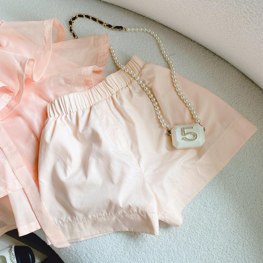 SET ĐẦM BỐNG TẦNG HỒNG CAM BBD BÈO TẦNG + QUẦN SHORT KEM CAM (TH)