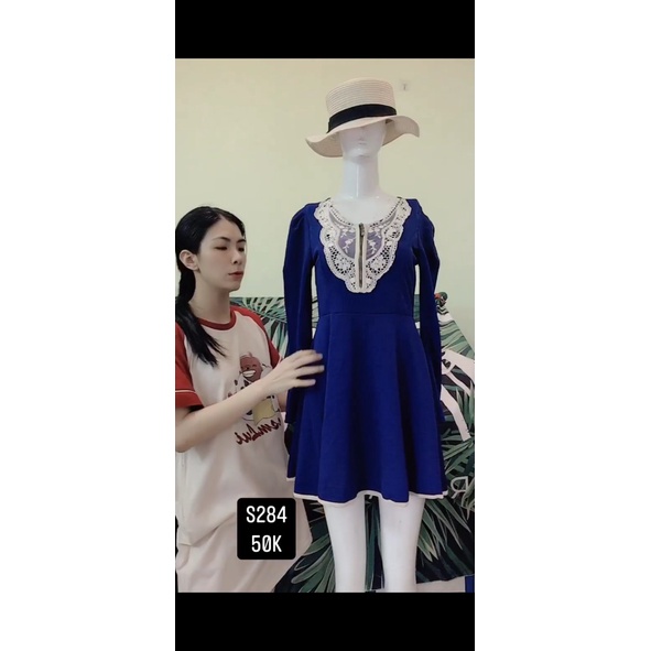 đầm xoè xanh phối ren size S-M , S284