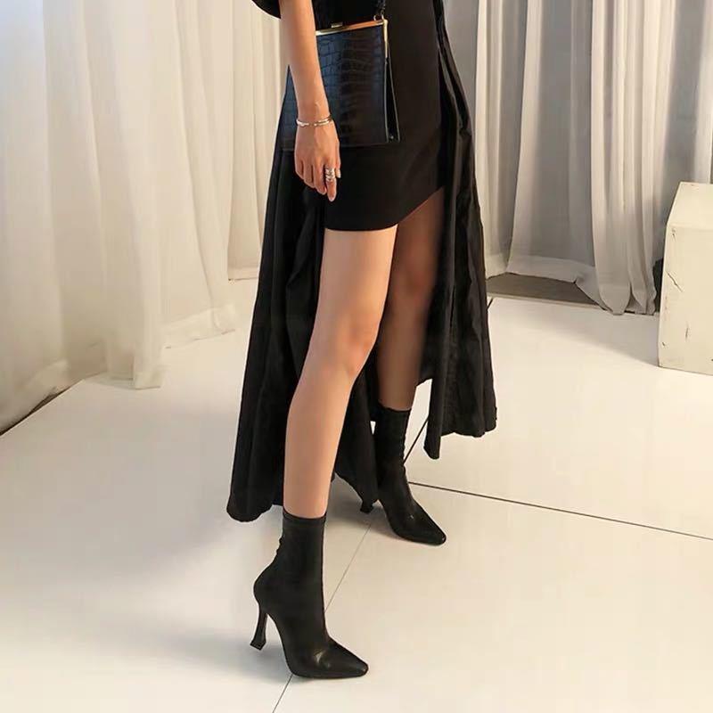 ☏Giày bốt cao gót cổ thấp mũi vuông thời trang thu đông phong cách Âu Mỹ 2021