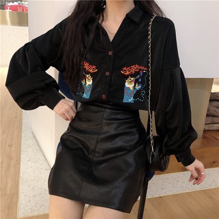 Set áo sơ mi đen tay dài nữ thêu hình + váy ôm đen nữ ngắn ulzzang ( có bán riêng )