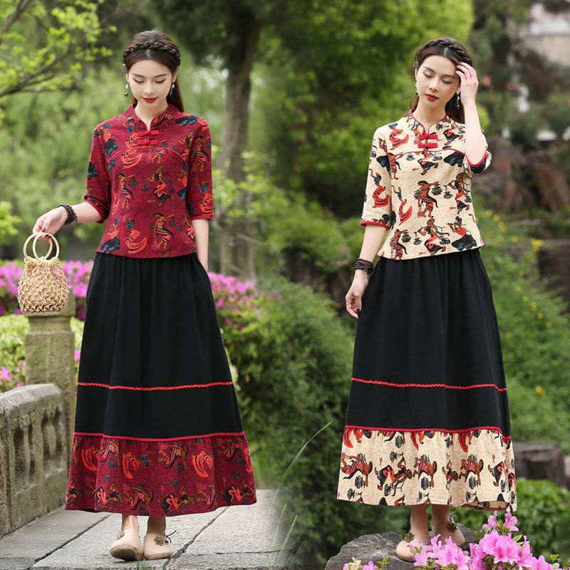 Bộ Áo Sườn Xám Cách Tân Vải Cotton Lanh In Họa Tiết Phong Cách Dân Tộc Kèm Chân Váy Cài Khóa Cỡ Lớn Phong Cách Retro Cho Nữ