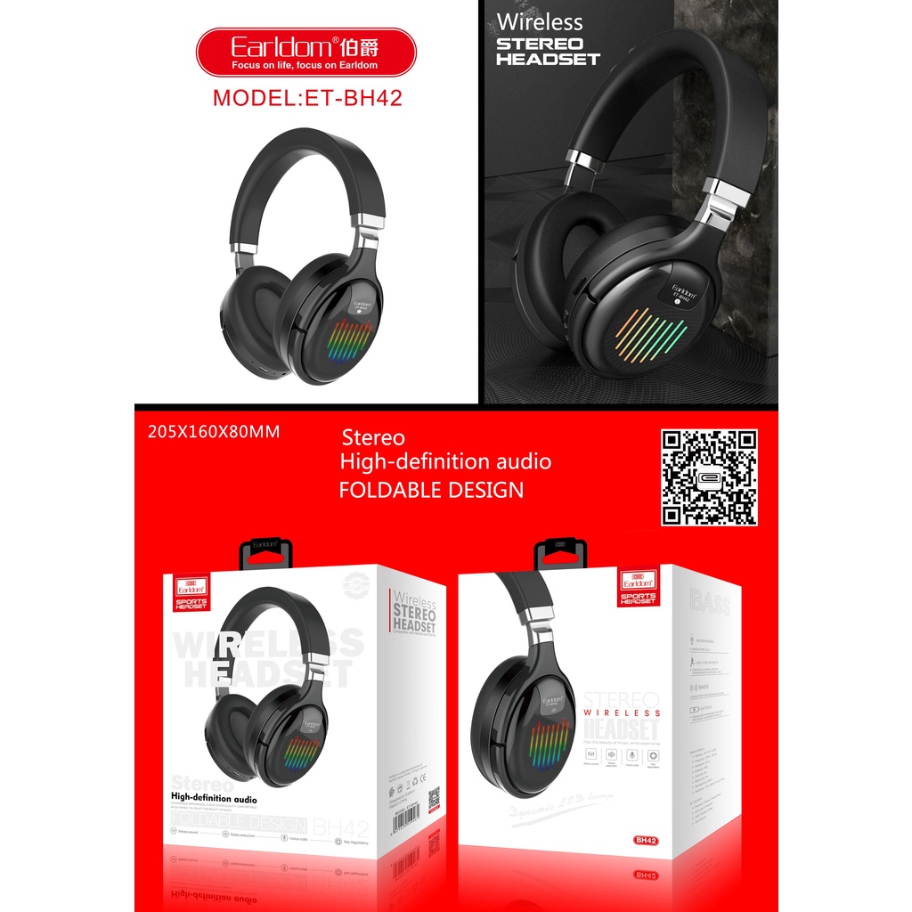 Tai Nghe Chụp Tai Bluetooth, Headphone gaming Không Dây EARLDOM ET-BH42  Âm Bass Ấn Tượng Đèn Cảm Ứng Theo Nhạc