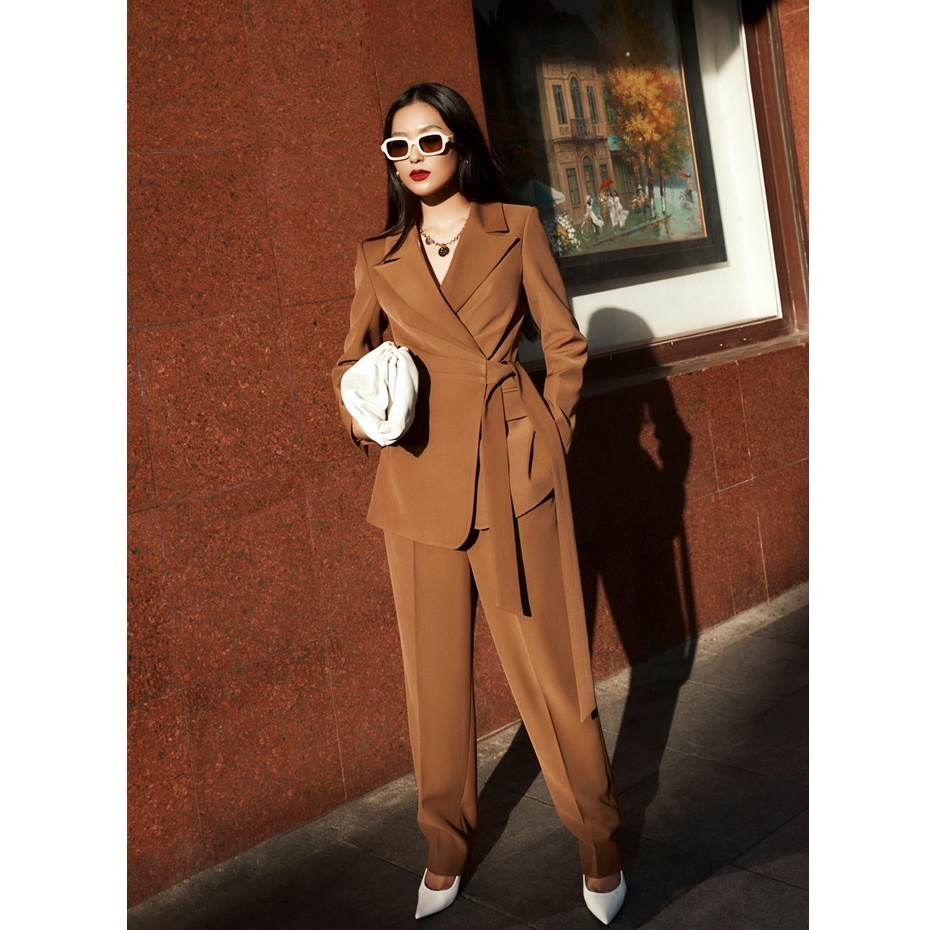 Set áo blazer và quần baggy nâu tây HUONG BOUTIQUE HBVEST154 thắt đai, không cúc