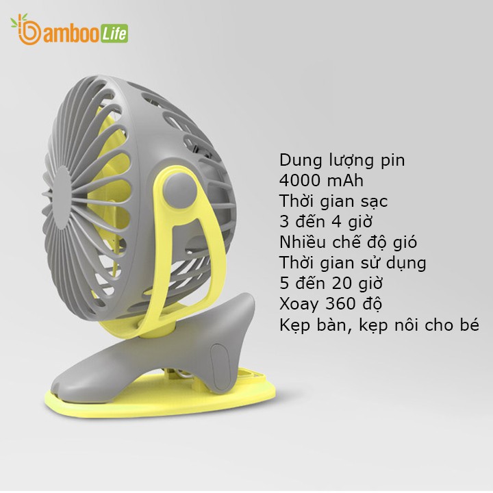 Quạt mini tích điện Bamboo Life BL022 pin siêu bền thời gian lên đến 20h, cầm tay, để bàn, kẹp xe đẩy cho bé | BigBuy360 - bigbuy360.vn
