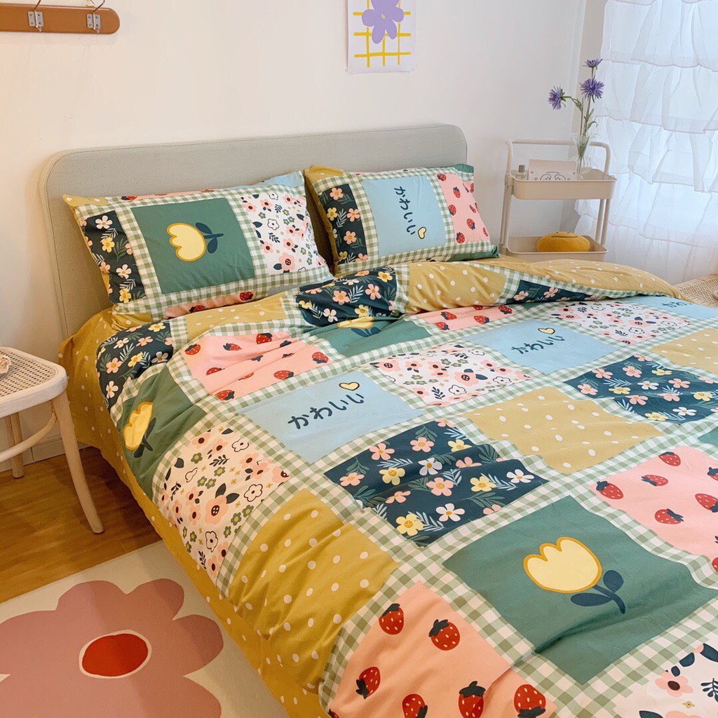 Bộ chăn ga cotton living  100% cotton- mẫu hoa và quả