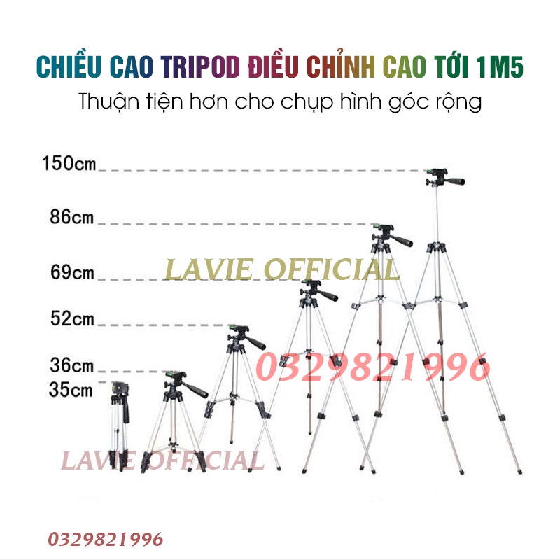 Tripod Điện Thoại Máy Ảnh, Giá đỡ Điện Thoại 3 Chân Để Chụp Hình, Livestream, Quay Phim Điều Chỉnh Xoay 360 Độ Cao 1m5