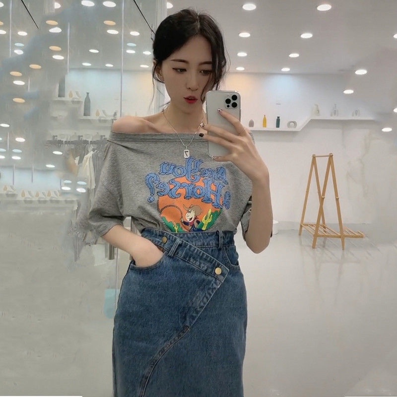 Jiashucheng Chân Váy Jean Chữ a Lưng Cao Xẻ Tà Thời Trang Mùa Hè Cho Nữ