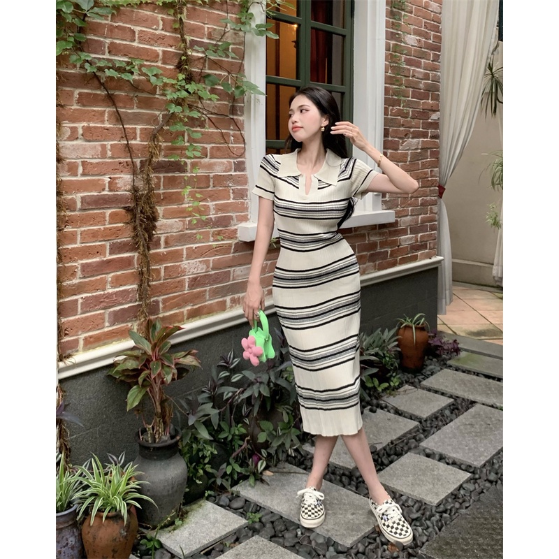 Cocory vn Đầm Dài Tay Ngắn Cổ POLO Họa Tiết Kẻ Sọc Thời Trang Dành Cho Nữ