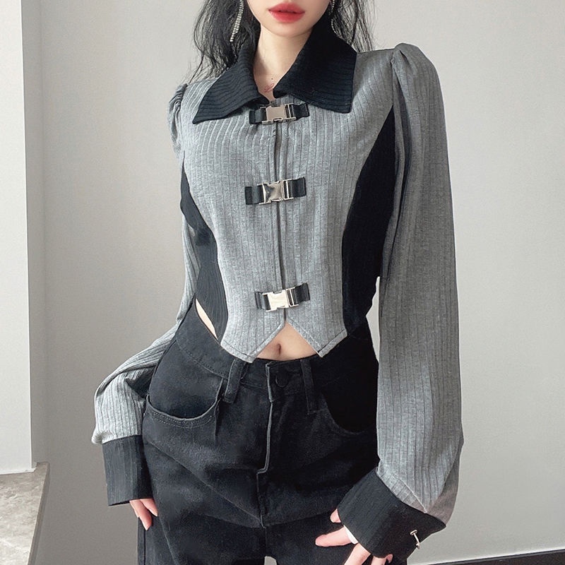 ☊Áo Sơ Mi Tay Dài Cổ Bẻ Cài Nút Bằng Kim Loại Phong Cách Hoàng Gia