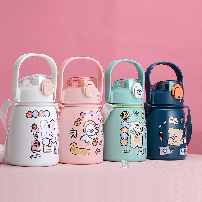 Bình giữ nhiệt 850ml có ống hút và quai đeo tặng kèm sticker trang trí (B850)
