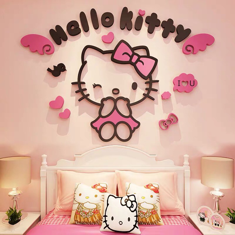 Tranh dán tường Mon Mon - Decal mica 3D hình kitty có cánh dễ thương, hình dán kitty trang trí phòng ngủ cho bé