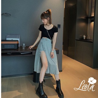 Chân váy dáng dài xẻ tà cạp cao có đai - vải cotton thun ( lớp lót quần liola)