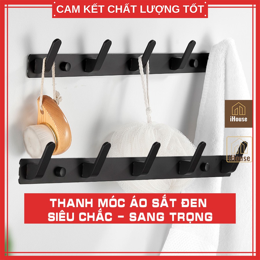 Thanh móc treo quần áo inox sắt đen 5 móc 6 móc, Giá treo quần áo sau cửa dán hoặc bắt vít tường chắc chắn iHouse