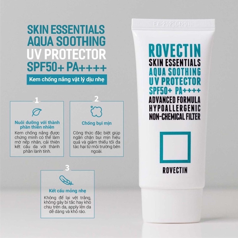 ( MINISIZE HÃNG 10ml) Kem chống nắng vật lý dịu nhẹ ROVECTIN Skin Essentials Aqua Soothing UV Protector SPF 50