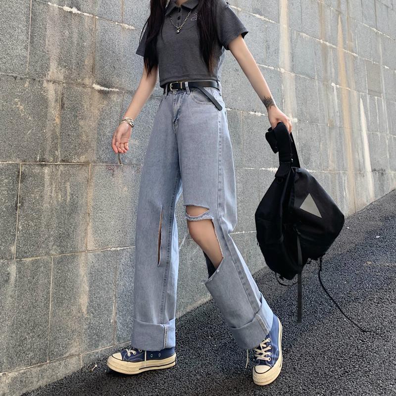 Quần jean❄❦Phiên bản mới của Hàn Quốc quần jean nữ ống rộng kiểu hoang dã cỡ lớn dành cho người béo MM cạp thẳng