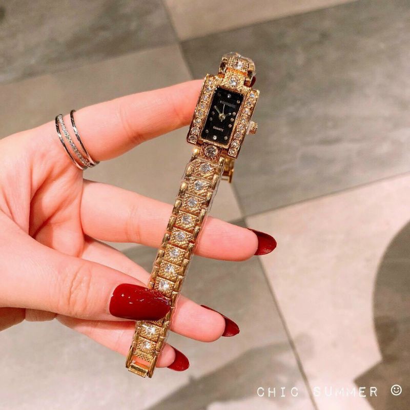 Đồng Hồ Nữ Đính Đá QUARTZ Mặt Vuông , Mặt Chữ Nhật Thời Trang Cho Nữ Máy Nhật