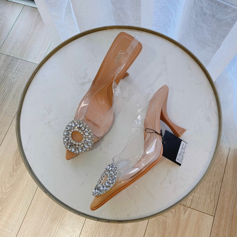 Giày cao gót ZR mica nơ đá tròn xuất xịn fullbox Hemin Shoes