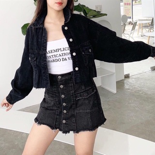 Áo khoác jeans + quần váy jeans nữ
