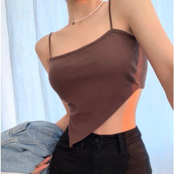 Áo Hai Dây Có Mút Đệm Ngực Ngắn Thiết Kế Không Đồng Đều Thời Trang