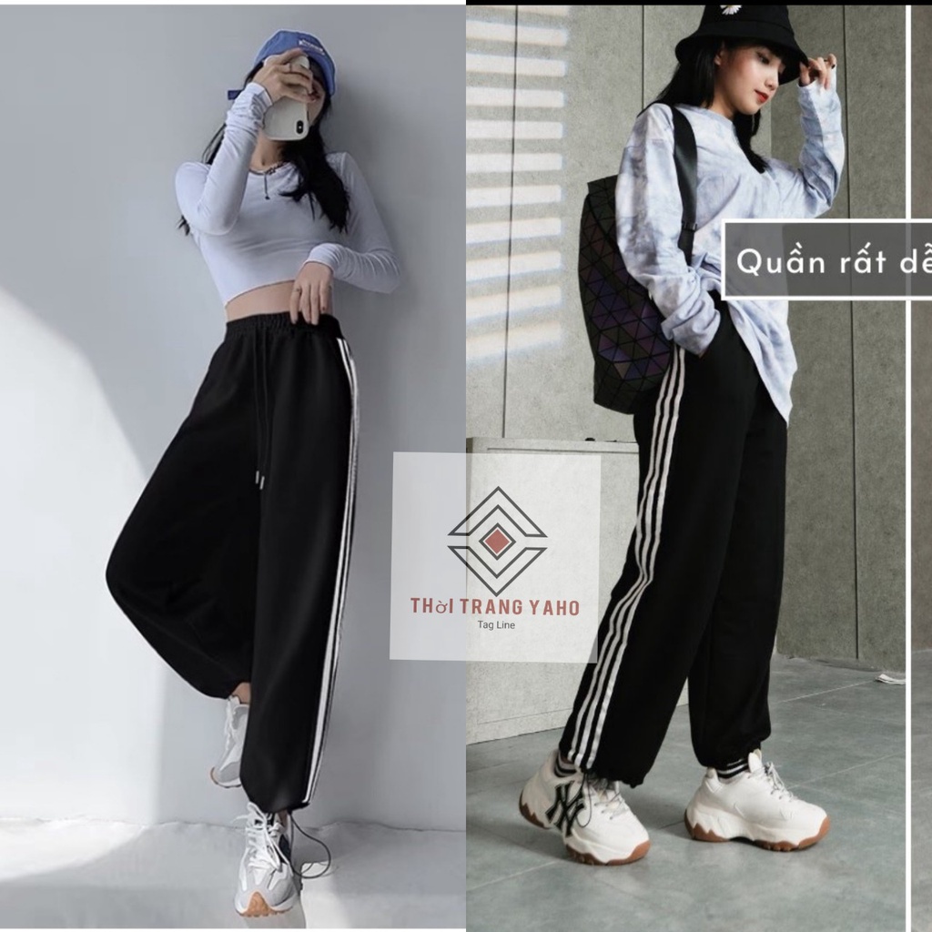 Quần thể thao nữ Jogger ống rộng bo chun gấu rút dây màu đen đi học sinh- Quần ống rộng 3 sọc trắng vải UMÌ hàn mặc làm