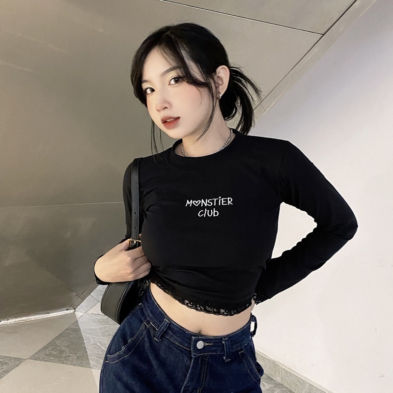 Áo Croptop Tay Dài Phối Ren Thêu chữ Monstier Club