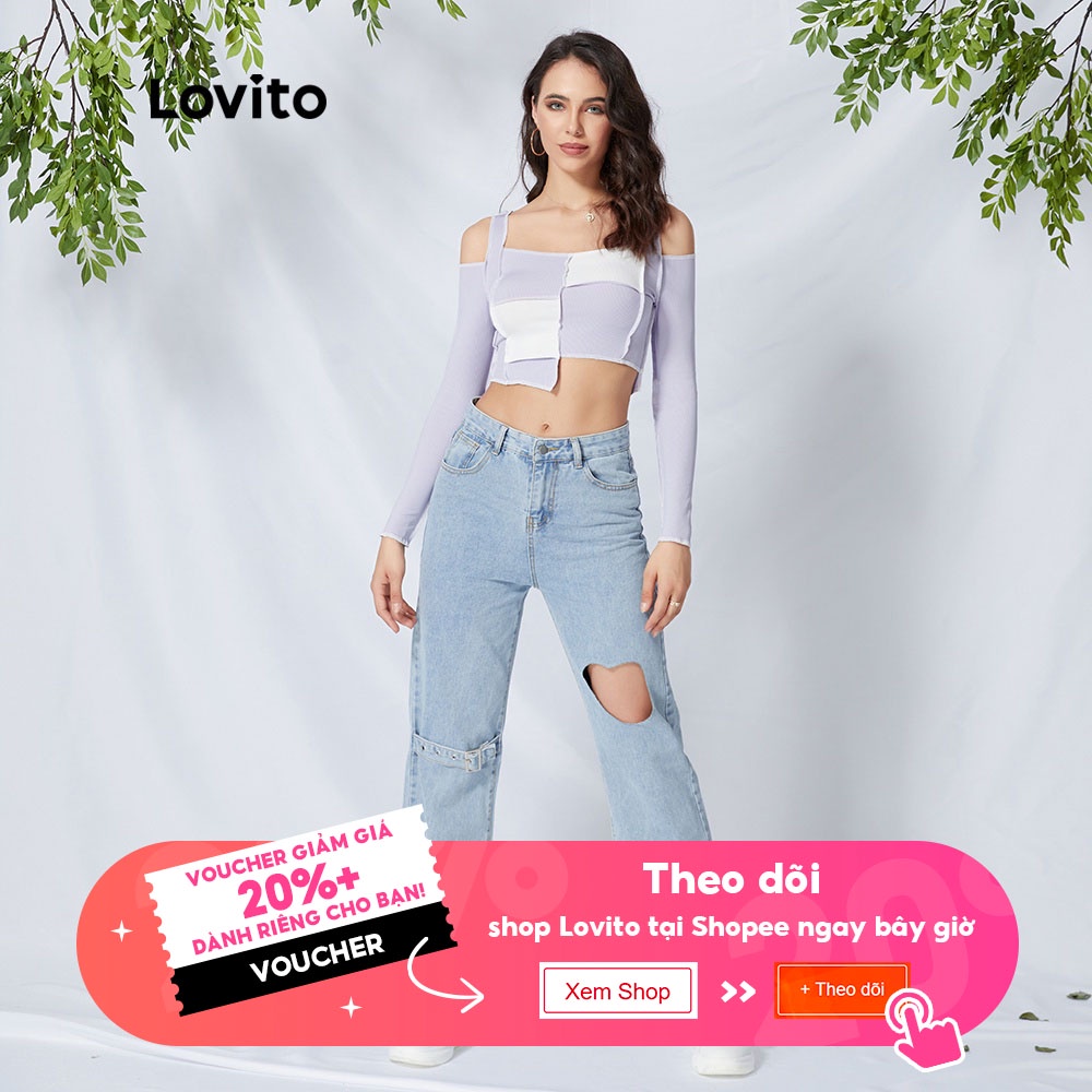  Áo croptop Lovito trễ vai họa tiết kẻ sọc dễ phối đồ L09060 | WebRaoVat - webraovat.net.vn