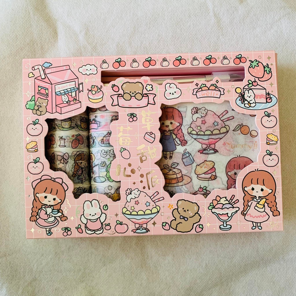 Hộp Sticker Và Washi Kèm Dao Rọc Giấy,Hộp Sticker Dễ Thương Có Dao Cắt