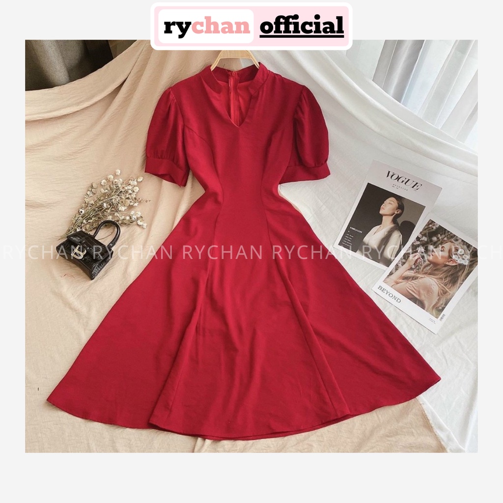 Đầm Xòe Midi Cổ Tàu Tay Phồng Chiết Eo 2 Màu [Ảnh Thật Cuối] - DX0019