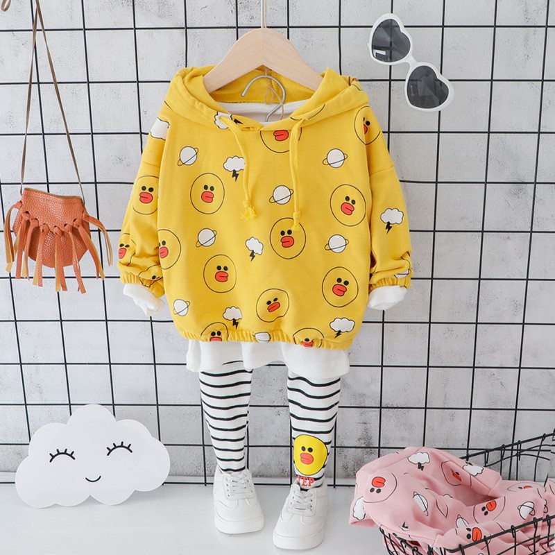 Bộ áo nỉ hoodie + quần dài in hình vịt cho bé gái