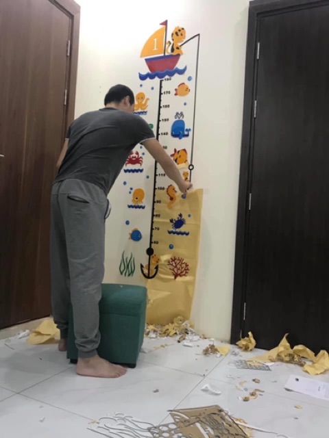 Dán chiều cao 3D, decal hình dán nổi,  bề mặt mica sáng bóng, Thước đo chiều cao cá biển chất liệu mica dán nổi trang tr