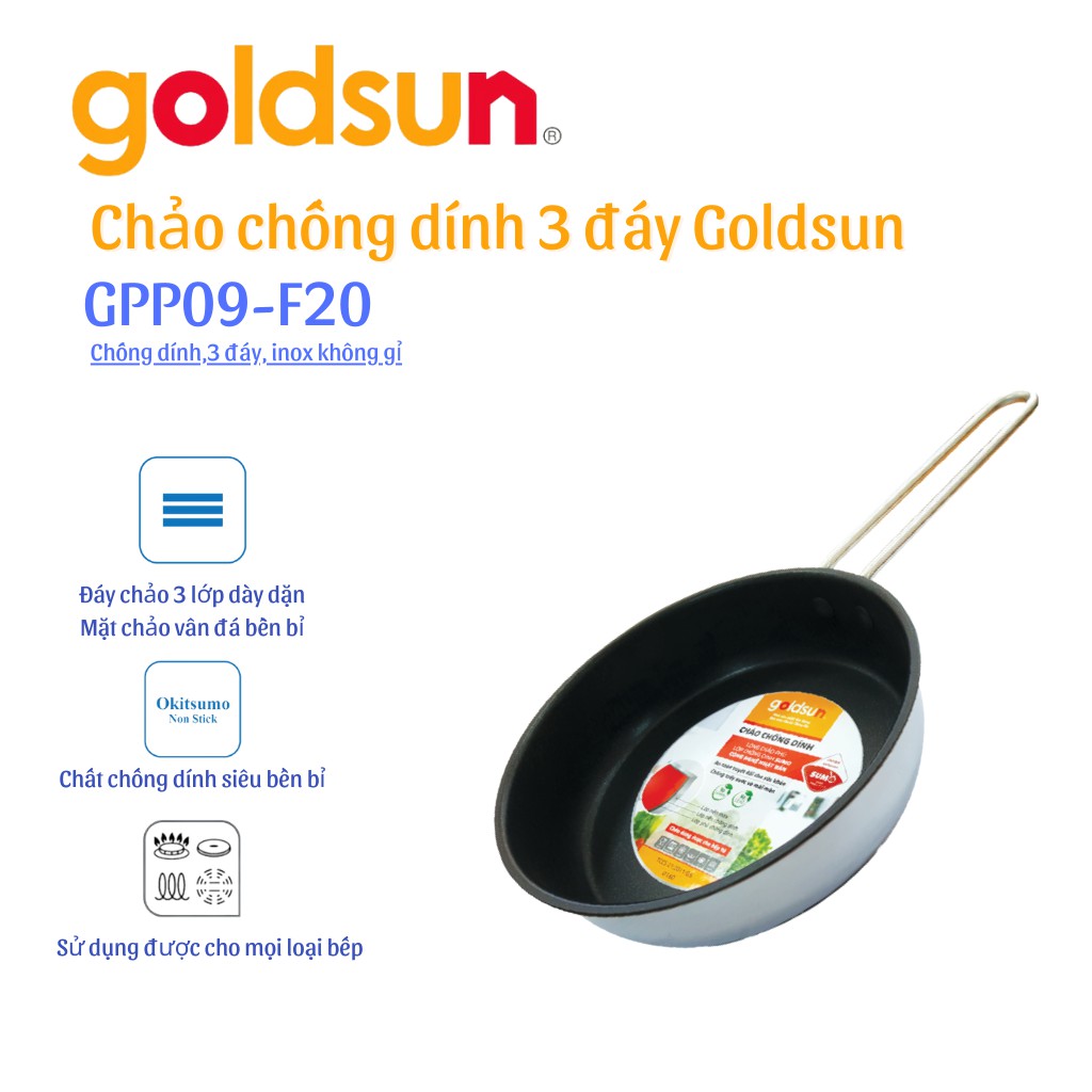 [Mã LT20 giảm 20K đơn 150K] Chảo inox chống dính Goldsun GPP09-F20 Hàng chính hãng