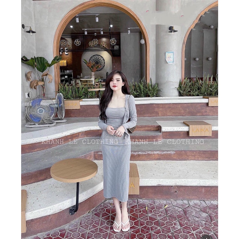 Set đầm hai dây maxi kèm áo khoác dài tay 2 màu ĐEM- XÁM chất thun gân dày dặn FREESIZE DƯỚI54KG MIDORI247