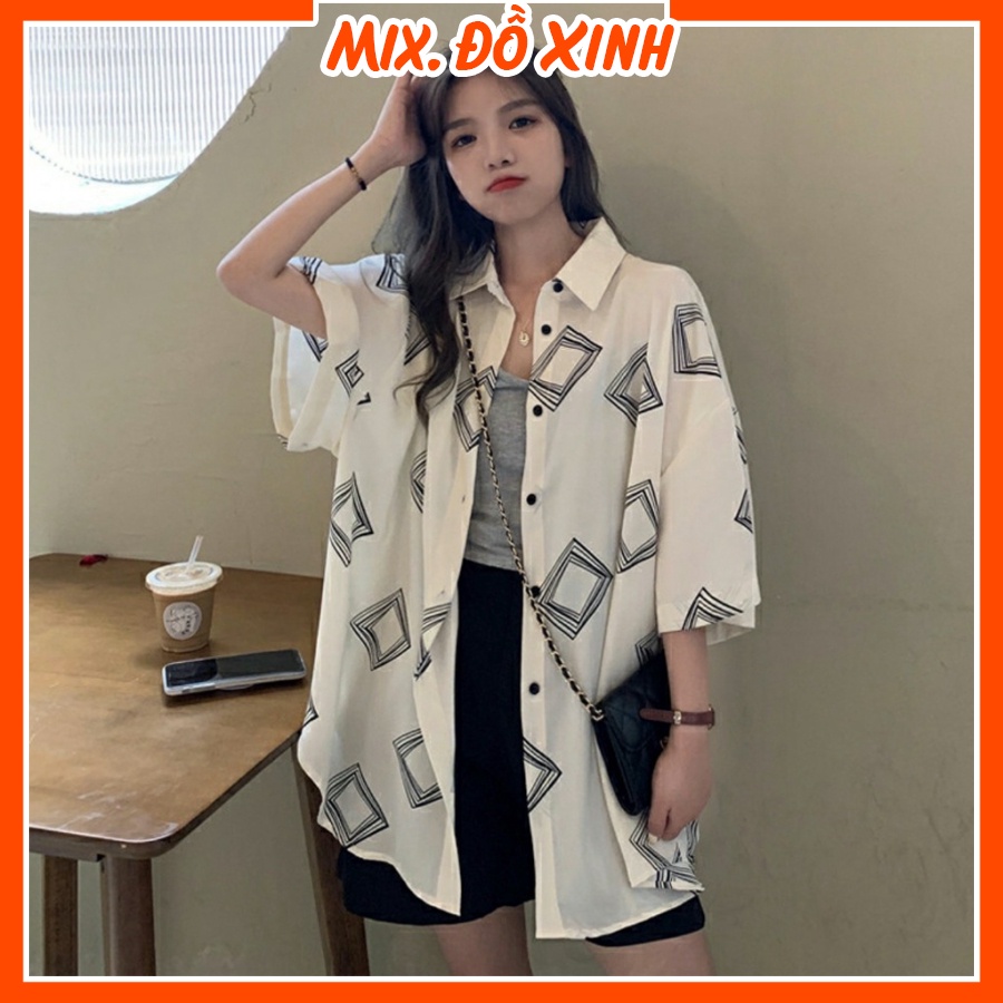 Áo sơ mi nữ form rộng tay lỡ, sơ mi kiểu nữ Mix. Đồ Xinh, chất liệu Đũi trơn mịn mát in hình Ô Vuông Đen Trắng