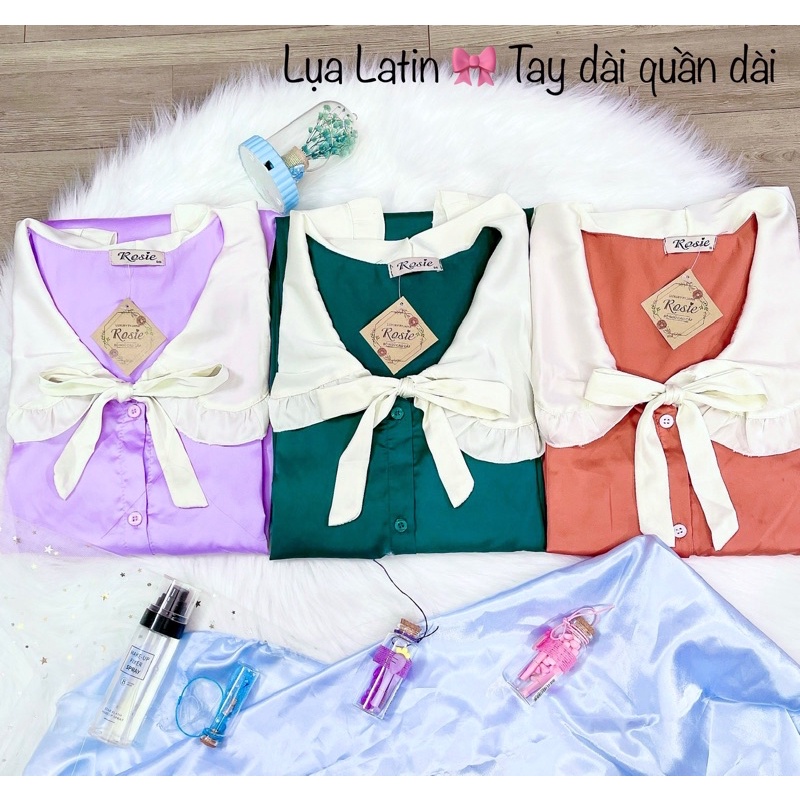 Bộ ngủ nữ lụa Latin cổ bèo nơ đủ màu xinh xắn