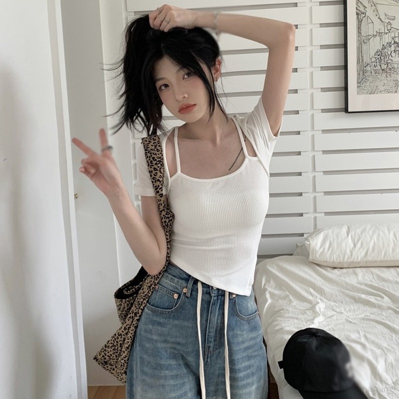 Áo Thun Croptop Tay Ngắn Cổ Vuông Màu Sắc Đơn Giản Cho Nữ