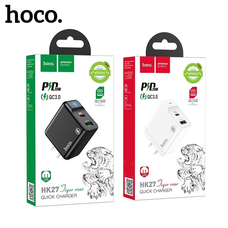 Cốc sạc PD20W Hoco HK27 chân dẹt cổng USB và Type-C , QC3.0 chất liệu chống cháy cao cấp - BH 6 tháng