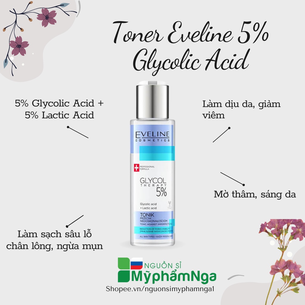 Nước hoa hồng Toner Eveline 5% Glycolic Acid căng bóng, láng mướt, mờ thâm mụn