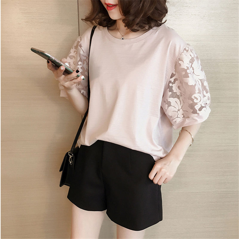 Áo Thun Cotton Ngắn Tay Dáng Rộng Phối Ren Xinh Xắn Cho Nữ