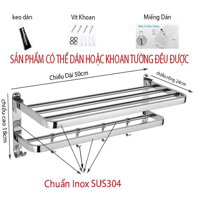 Giá Vắt Khăn Nhà Tắm INOX SUS304 Thiết kế 2 tầng Gập lắp đặt dán tường hoặc khoan tường - G304