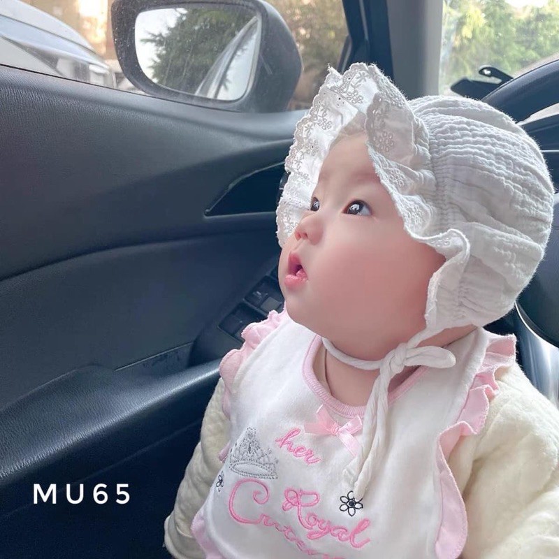 Mũ ren tiểu thư có dây MU65 cho bé 0-12m