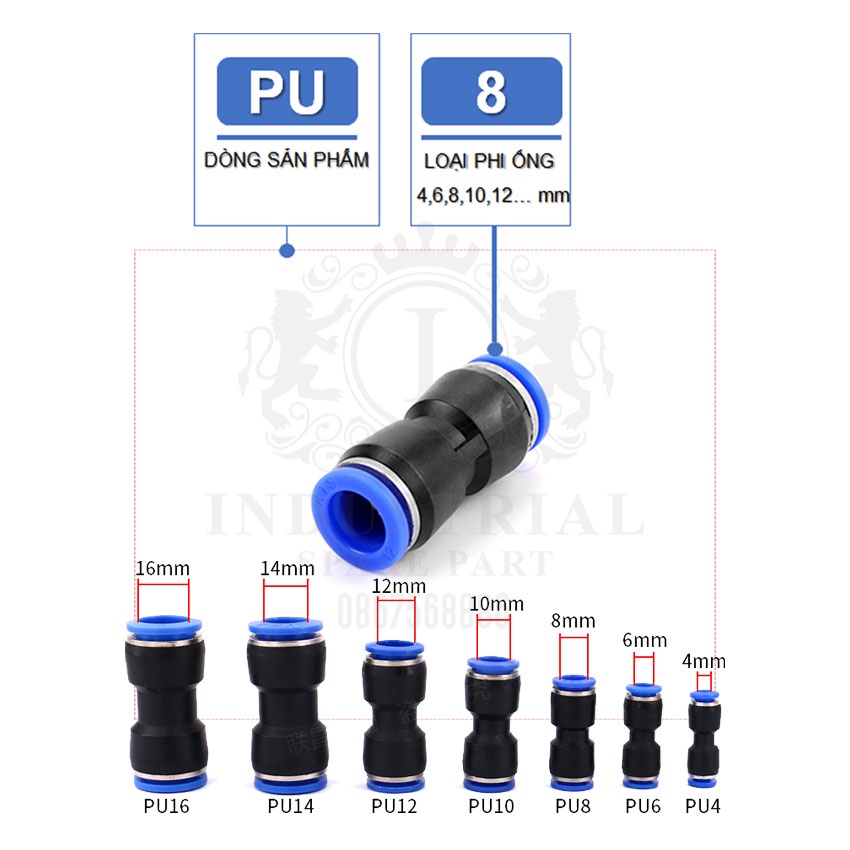 Đầu nối ống nhanh PU4 PU6 PU8 PU10 PU12 PU14 PU16. Măng sông nối nhanh, đầu nối dây hơi, cút nối nhanh nhựa khí nén