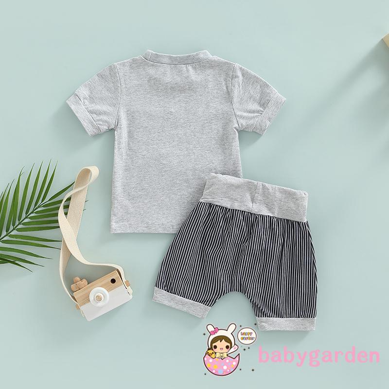 Bộ Áo Thun Ngắn Tay Cổ Tròn + Quần Short Lưng Cao Họa Tiết Kẻ Sọc Cho Bé Trai 0-24 Tháng Tuổi
