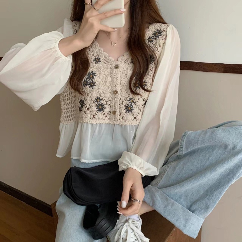 Áo Peplum Chiffon Cổ V Tay Phồng In Họa Tiết Hoa Cúc Xinh Xắn Thời Trang Cho Nữ