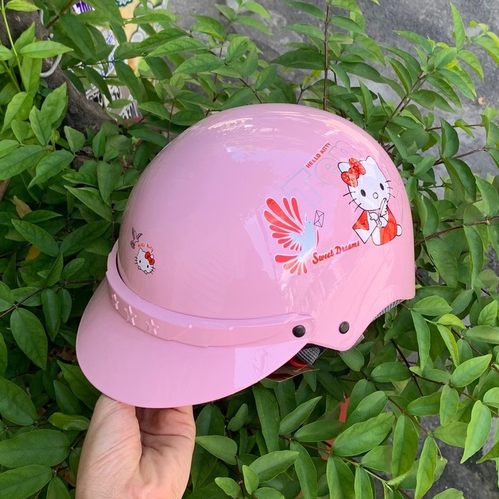 Mũ bảo hiểm 1/2 SRT tem Hello Kitty hồng bóng, chống trầy xước cho bé từ 4-8 tuổi