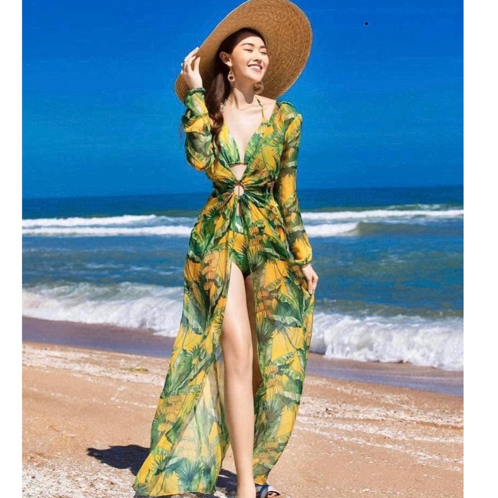 Bikini xanh chuối cao cấp kèm choàng [SIÊU CẤP- FREESHIP] Set đồ bơi đi biển nữ cao cấp kèm khăn BKN1181