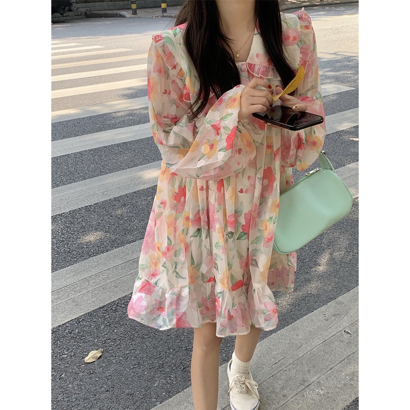 Đầm - Váy baydoll hoa nhí nhiều màu cổ sen dài tay dáng xòe ulzzang